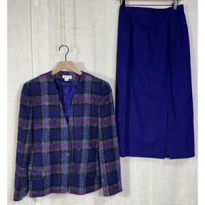 Vtg Talbots Wool Mohair Women's Purple Plaid Skirt Blazer Suit Size 12 10 Career